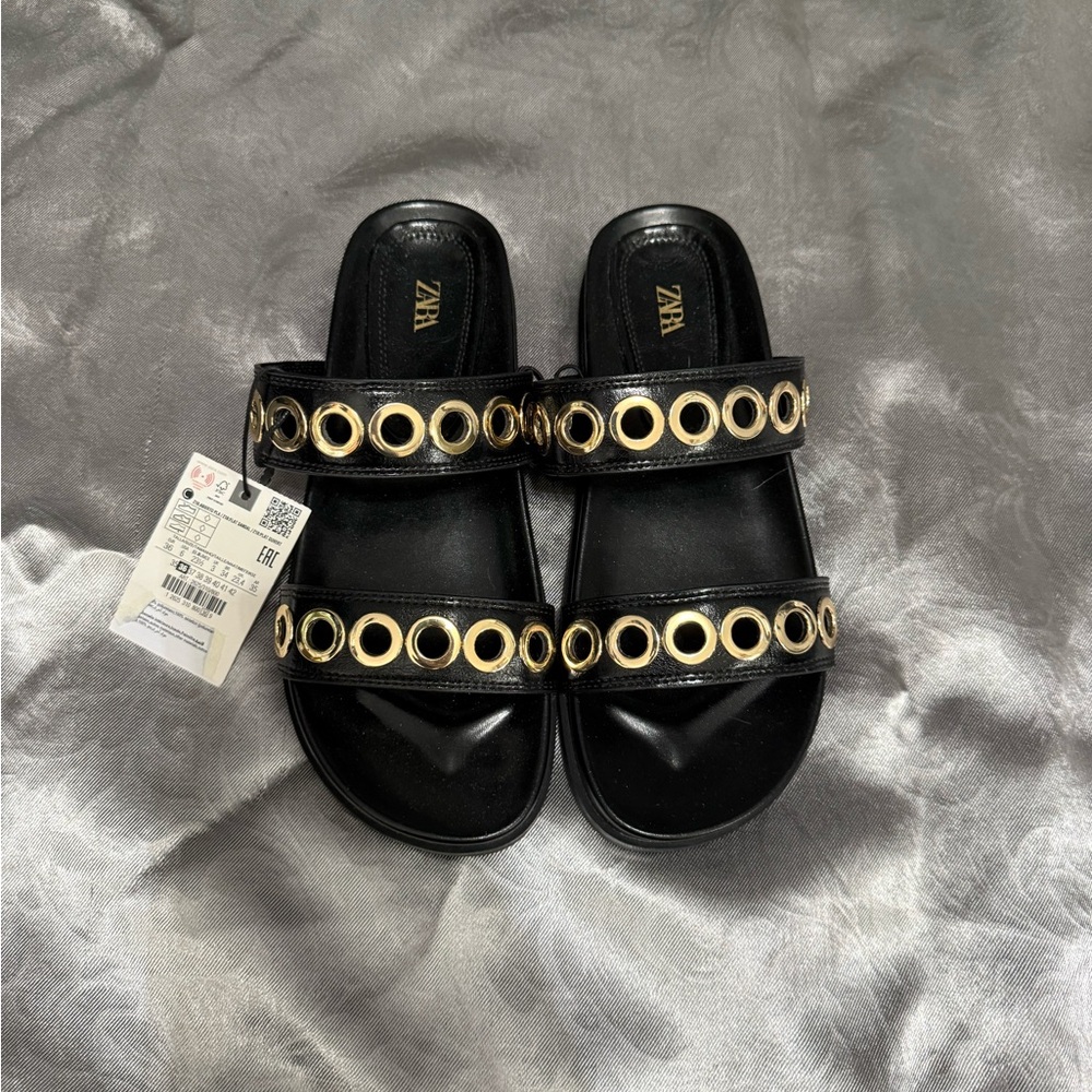Zara Black Sandals with Gold Accents NWT